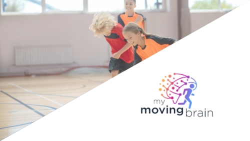 Children playing bastketball and My Moving Brain Logo 