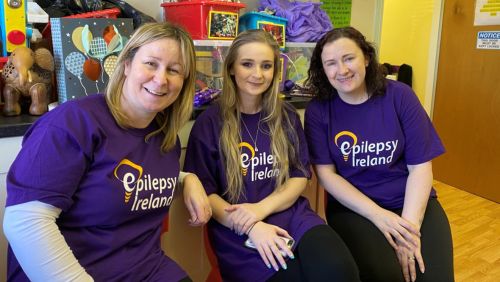 Three women in Epilepsy Ireland Purple T-shirts