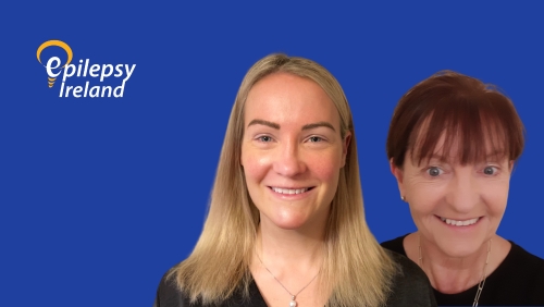 Joanne Lynch and Niamh Jones on a blue background with the Epilepsy Ireland logo in the top LHS corner