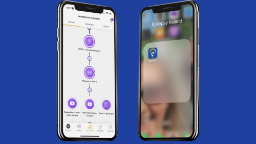 EPILEARN app showing on two iPhone Screens on blue background
