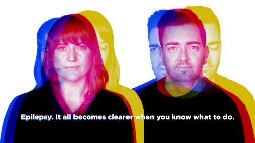 Blurred images of Emma & Gareth in Blue, Pink and Yellow on white background with Epilepsy. It all becomes clearer when you know what to do. in blurred lettering. 