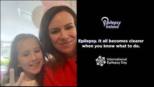 Sadie and Pauline to the LHS of the picture with EI Logo and message: Epilepsy, it all becomes clearer when you know what to do on a black background with International Epilepsy Day logo at bottom