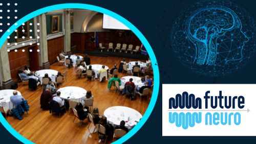 People gathered around tables in discussion, FutureNeuro logo and graphic of brain