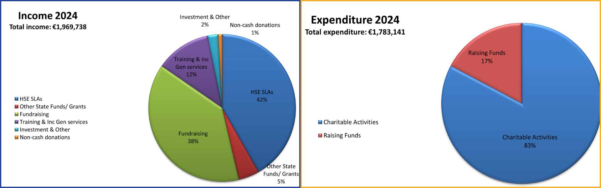Pie Charts showing Epilepsy Ireland Income and Expenditure