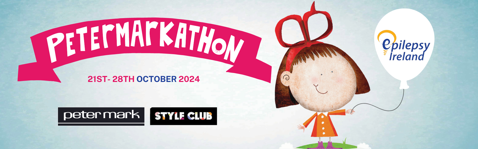 Petermarkathon banner image of a girl with a red bow in her hair holding a white balloon with the Epilepsy Ireland logo on it.