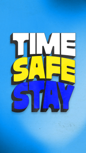 TIME SAFE STAY on blue background