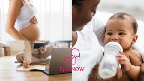 Pregnant woman, mother feeding baby and a woman on a laptop and refill pad researching - and EPIKNOW logo overlayed.