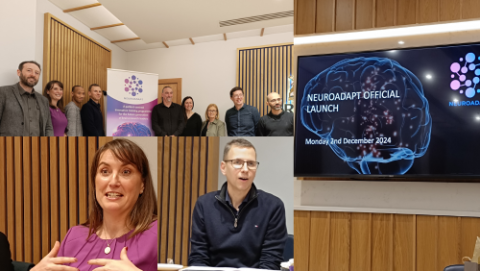 Collage of photos from the launch, including a group photo of all those involved in the project, our media volunteer Emma Beamish, Prof. David Henshall & a close up of the launch screen.