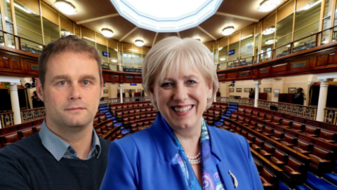 Deputy Marc O’Cathasaigh, Minister Heather Humphreys and background of empty Dáil chamber