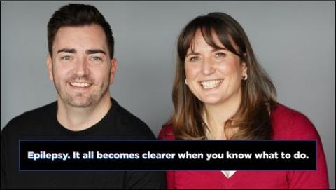 Gareth O'Neill and Emma Beamish on grey background with slogan: Epilepsy. It all becomes clearer when you know what to do on a black background going from left to right.