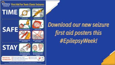 A screenshot of the new seizure first aid poster with text saying "Download our new seizure first aid posters this #EpilepsyWeek!" on a blue background